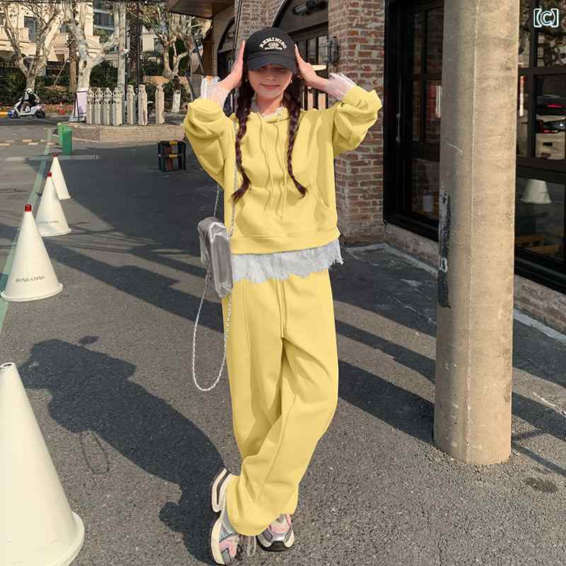 レディース　カジュアル　ウェア Naihuhu フード付き スウェットシャツ スーツ パンツ レディース 2025 春秋 レースの スプライシング スポーツ ファッション ピンクの ツーピース