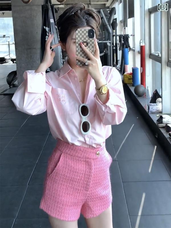 レディース　カジュアル　ウェア キャンディカラー レター シャツ 2025 夏 POLO カラー カジュアル 通勤 小 翔 ピンク ショート パンツ スーツ