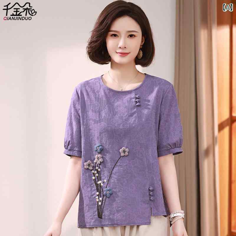 レディース　カジュアル　ウェア ママ トップス 夏 綿 洋風 女性 スーツ 大きいサイズ 中年 半袖 Tシャツ ツーピース