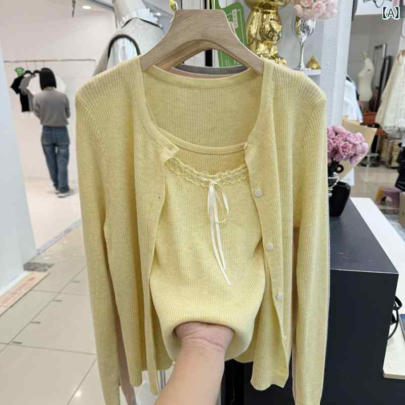 レディース　カジュアル　ウェア Sijiqing 2025 春 ニット サスペンダー 長袖 ツーピース スーツ レディース ソフトで 優しい セーター トップ