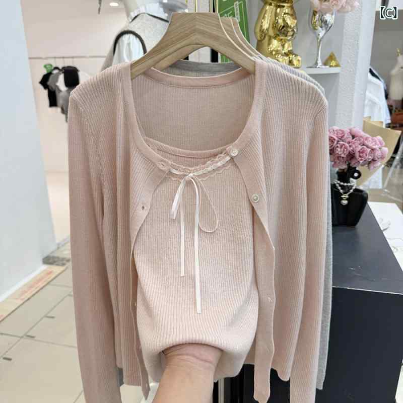 レディース　カジュアル　ウェア Sijiqing 2025 春 ニット サスペンダー 長袖 ツーピース スーツ レディース ソフトで 優しい セーター トップ