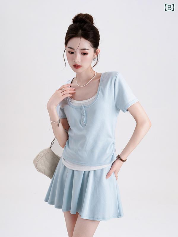 レディース　カジュアル　ウェア クリーン フィット ピンクの スイート プチ アウトフィット スーツ レディース 夏 カジュアル Tシャツ スカート ツーピース