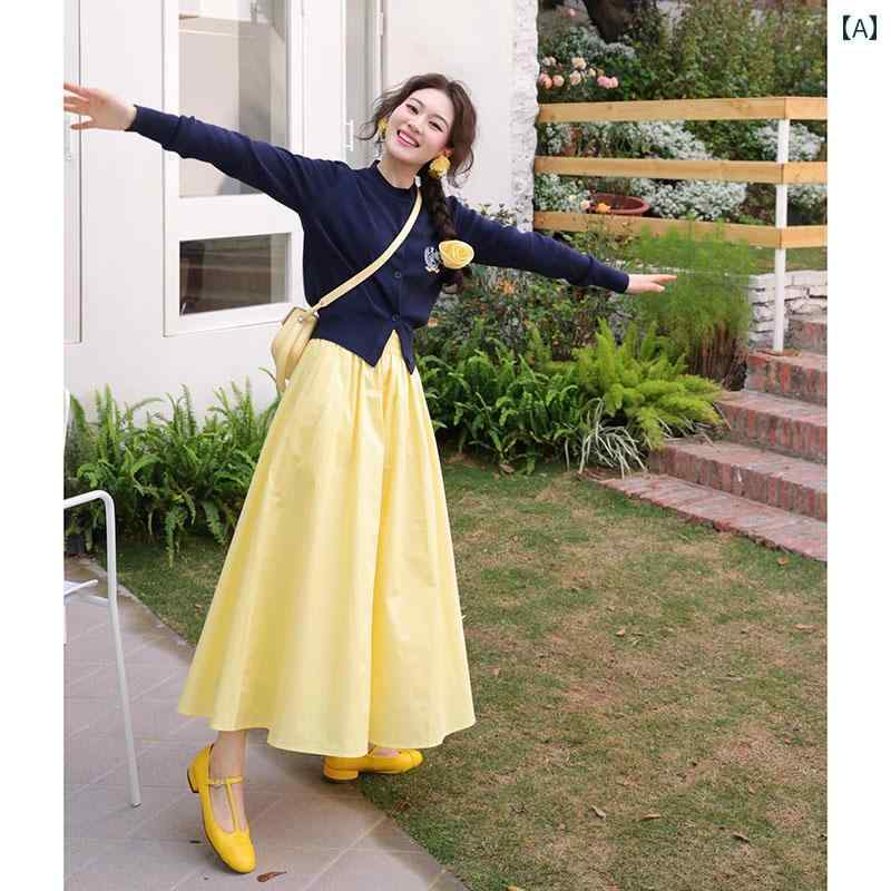 レディース　カジュアル　ウェア レディース ドーパミン 衣装 スーツ 2025 春 ネイビーブルー セーター イエロー スカート ツーピース