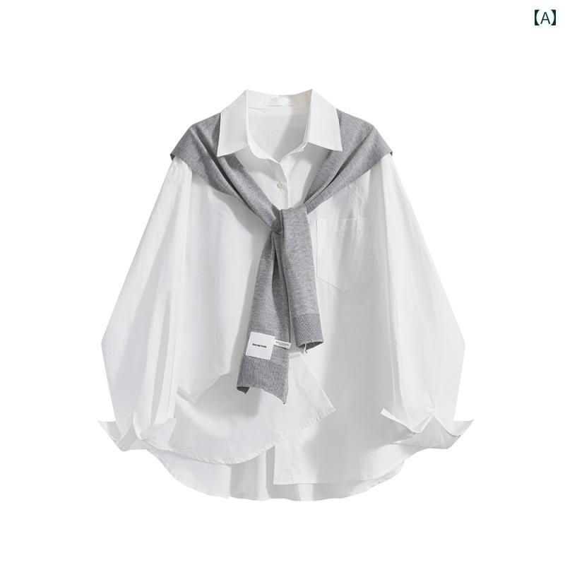 レディース　カジュアル　ウェア それらの ものの ワードローブ 韓国 ニット ショール ブルー シャツ ..