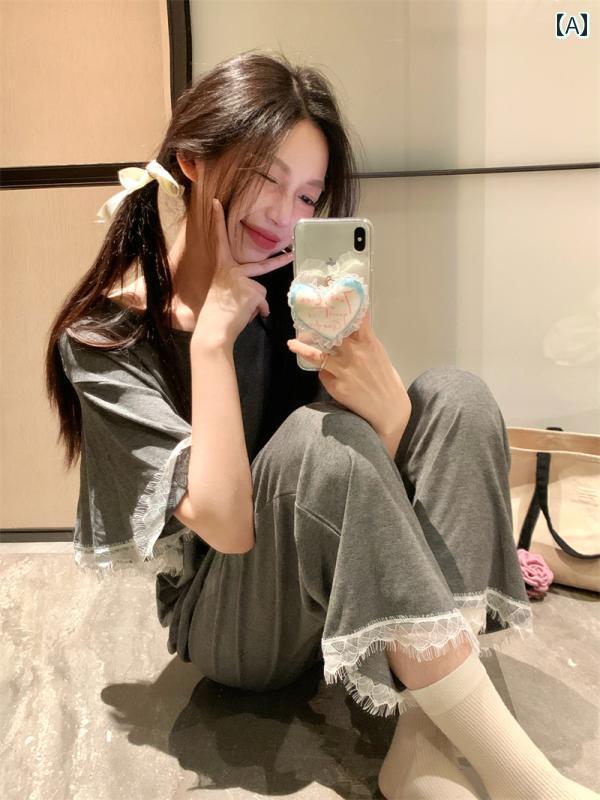 レディース インナー サスペンダー 女性用 パジャマ 夏用 モダール ソフト シンプル グレー レース ラウンドネック 半袖 ズボン スーツ ホームウェア
