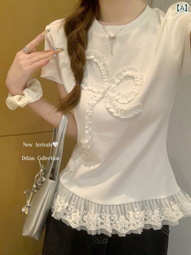 レディース インナー サスペンダー 美しい 白い レースの 裾 半袖 Tシャツ レディース 春夏 バレエ BM スタイル ボトムトップ レディース インナー サスペンダー 美しい 白い レースの 裾 半袖 Tシャツ レディース 春夏 バレエ BM スタイル ボトムトップ