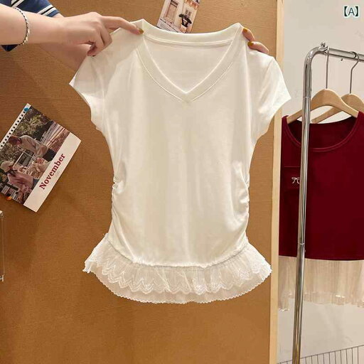 レディース インナー サスペンダー ホワイト Vネック レース ステッチ プリーツ 半袖 Tシャツ レディース 2025 夏 ウエスト スリミング ショルダー トップ レディース インナー サスペンダー ホワイト Vネック レース ステッチ プリーツ 半袖 Tシャツ レディース 2025 夏 ウエスト スリミング ショルダー トップ