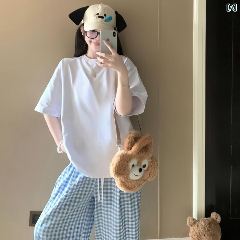 パジャマ　上下　薄手 夏の 女性用 パジャマ 綿 半袖 ブルー チェック 柄 パンツ 2025年 外出 着と しても 着用 可能 学生 ホームウェア スーツ