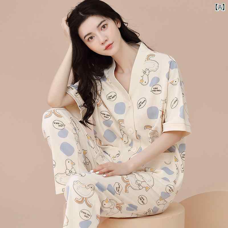 パジャマ　上下　薄手 Chao Beiyan パッド パジャマ レディース 夏 コットン 半袖 ロング パンツ カーディガン ノーブラ ホームウェア セット