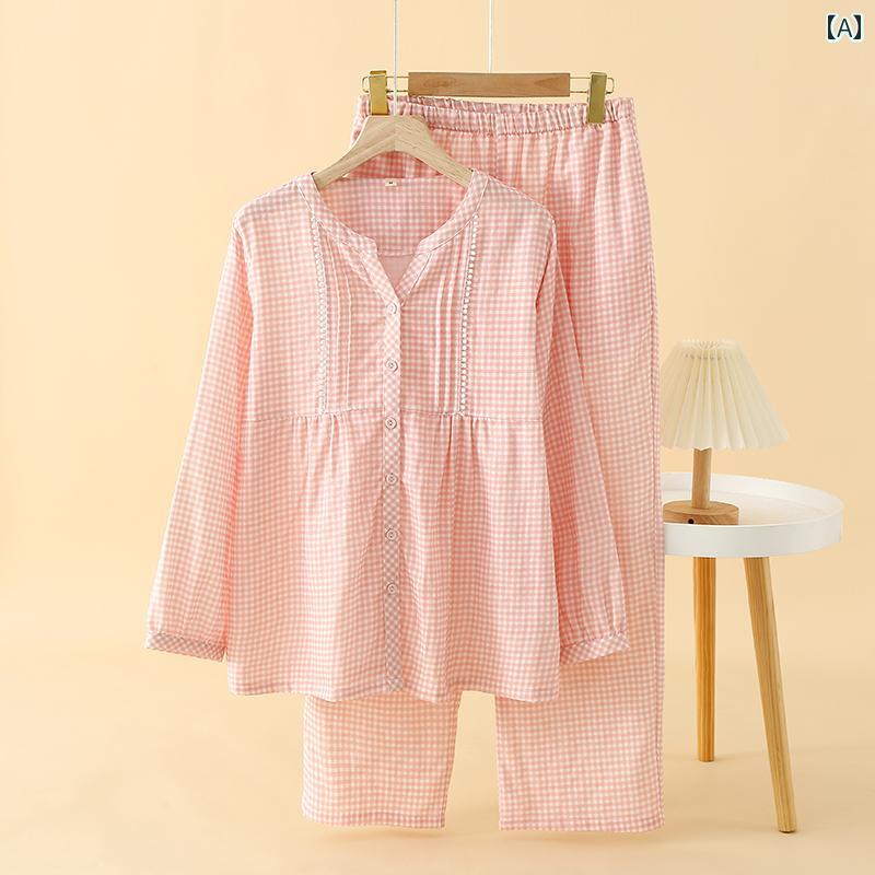 パジャマ　上下　薄手 和風小 チェック 柄 春秋 夏 レディース 二 層 綿 ガーゼ パジャマ 長袖 薄手 レ..