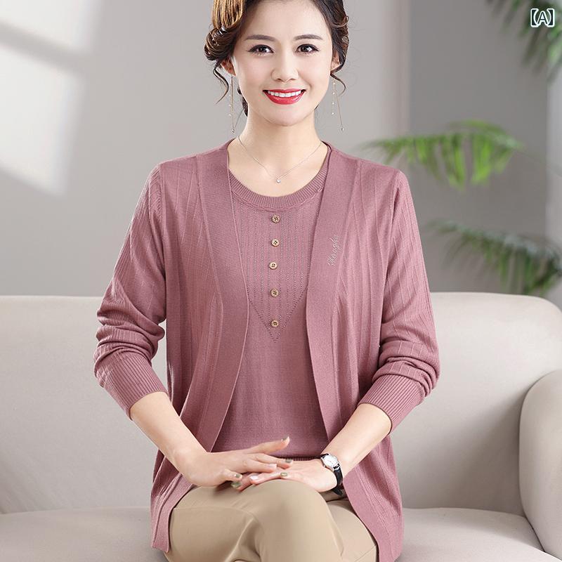 レディース　ツーピース　シルク レディース 春秋 薄手 ニット セーターの ツーピース ウール セーター 母 桑 シルク 大きいサイズトッ..