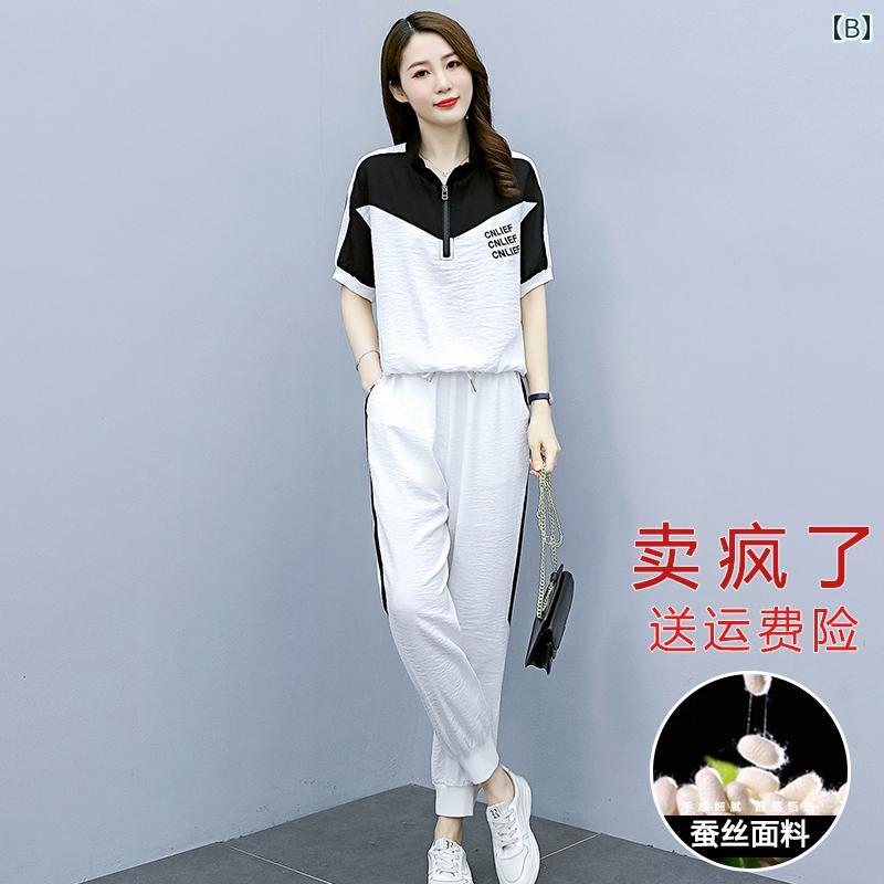 レディース　ツーピース　シルク 女性用 シルク スーツ 夏 2024新 スタイル 薄手 半袖 おしゃれ レディース カジュアル スポーツウェア ツーピース