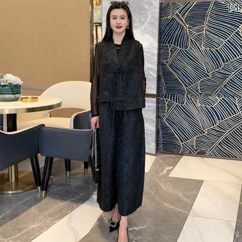 レディース　ツーピース　シルク の 商品 春夏 西洋風 シルク ジャカード チャイナ風 ベスト ハイウエスト ワイド レッグ パンツ ゆったり 大きいサイズ ツーピース スーツ
