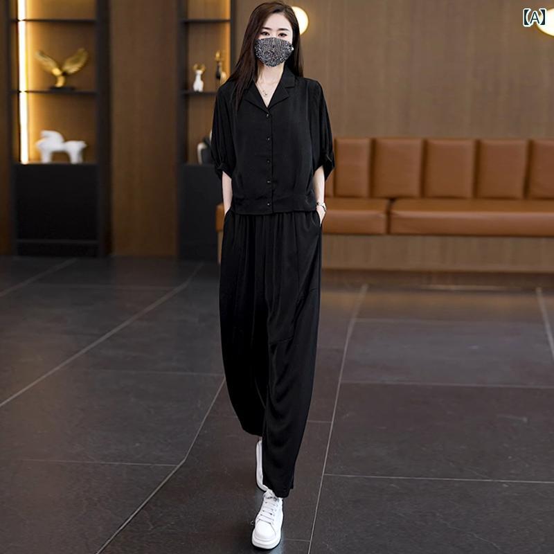 レディース　ツーピース　シルク カジュアル ファッション スーツ 女性 夏 洋風 母 半袖 薄手 ゆったり パンツ ツーピース