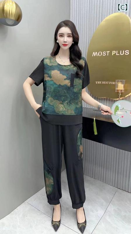 レディース　ツーピース　シルク シルク パンツ 夏 スタイル 中年 母親 レジャー 大きめ サイズ 桑 ツーピース スーツ