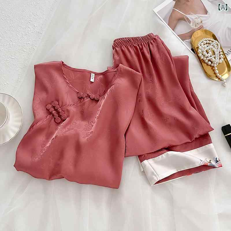 レディース　ツーピース　シルク チャイナ風 シルクパジャマ レディース ラウンド カラー 春秋 長袖 高級 桑 絹 スーツ 夏 薄手