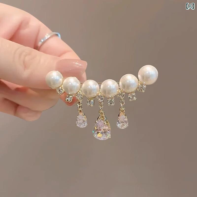 アクセサリー　パール　ジュエリー パール タッセル 水滴 ジルコン ブローチ 精巧 スーツ コサージュ アクセサリー 固定 服 露出 防止 ピン 女性