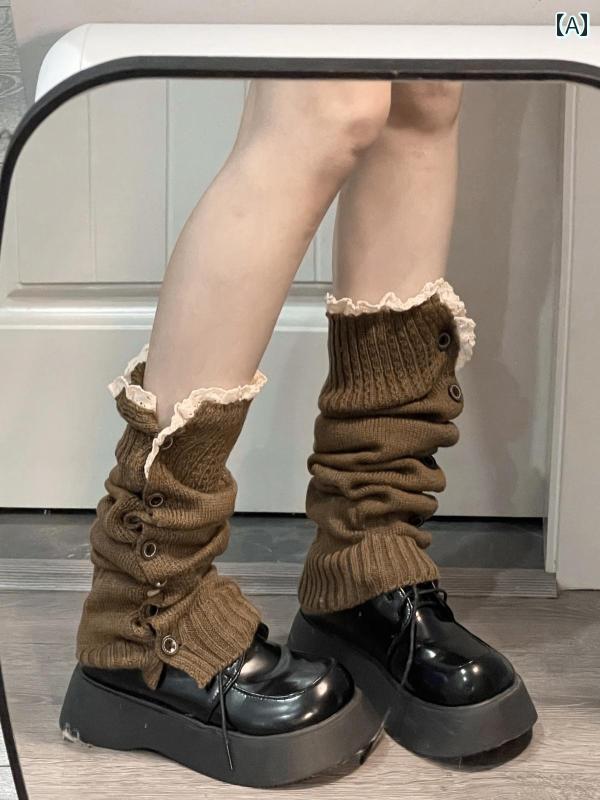 ソックス　サポート　カバー Ruibbit レース パイルソックス 韓国 チューブ サブカルチャー レッグカバー ホット ガール マルチ カラー ボタン(4.0)