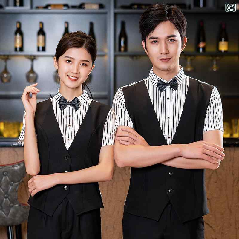 作業着　ウェイター　スタッフ 景 城 ホテル ウェイター 作業着 夏 ストライプ フェイク ツーピース 半袖 ケータリング レストラン スタッフ 服