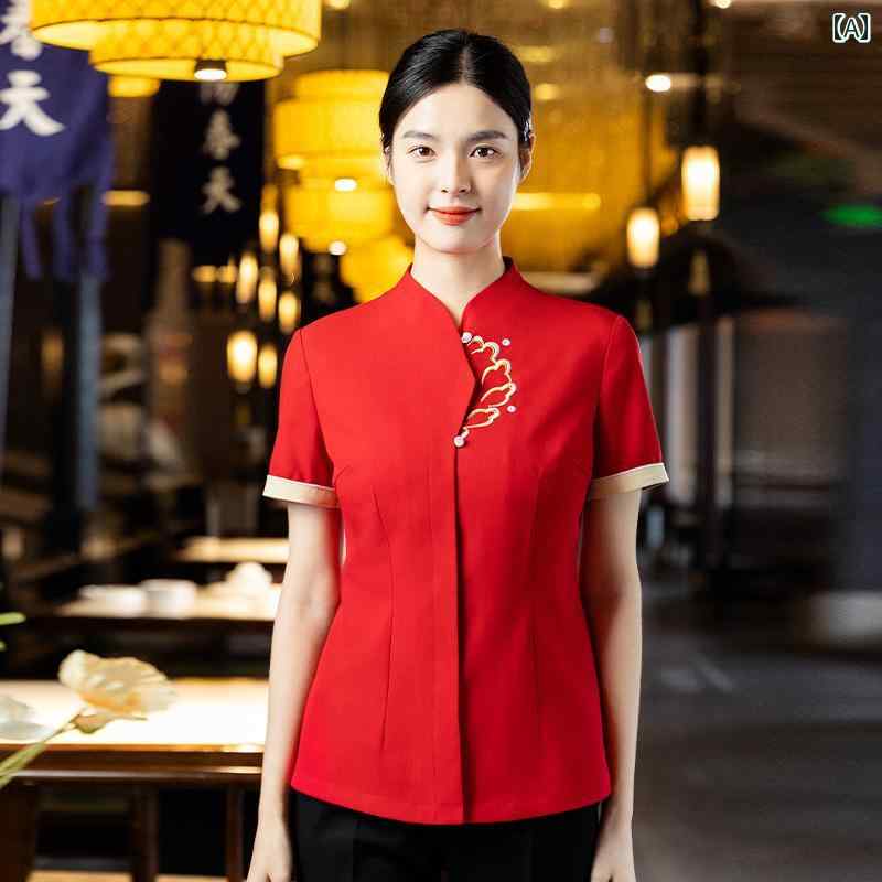 作業服　スタッフ　ホール 中華 料理 店の ウェイター 作業着 半袖 女性 スター ホテル 火 鍋 高級 レストラン レジ 係 夏服