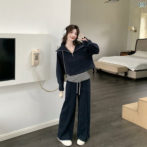 レディース カジュアル トップス ネイビーブルーの 韓国 年齢を 減らす セーター スーツ 女性用 2025 春 ストライプ ベスト カジュアル ワイド レッグ パンツ スリーピーススーツ レディース カジュアル トップス ネイビーブルーの 韓国 年齢を 減らす セーター スーツ 女性用 2025 春 ストライプ ベスト カジュアル ワイド レッグ パンツ スリーピーススーツ