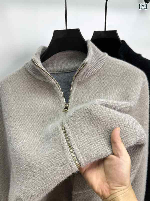 レディース トップス カジュアル シェニール カーディガン セーター ジャケット メンズ 秋冬 ファッション スタンドカラー 裏起毛 厚手 ジッパー ニット