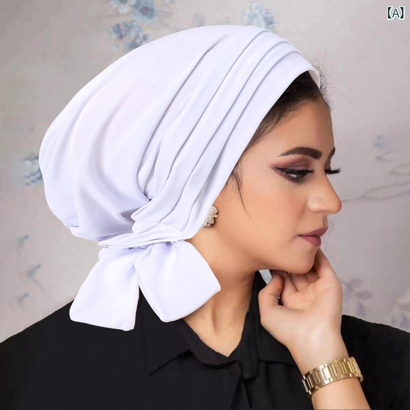 ターバン　帽子　スカーフ マレーシアの 単 色 クリスタル 麻の 4本の ストライプの ロングテール ターバン 帽子 中東 包 頭 ストラップ 付き ウー エン