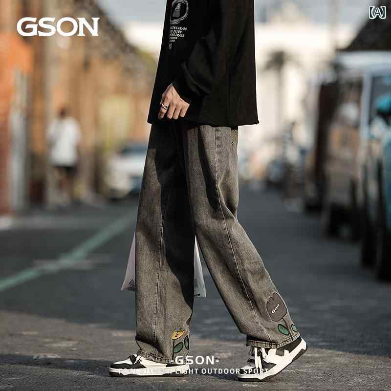 デニム　ジーンズ　おしゃれ グループ GSON アメリカン レトロ パンツ ストリート ジーンズ メンズ ストレート 刺繍 カジュアル
