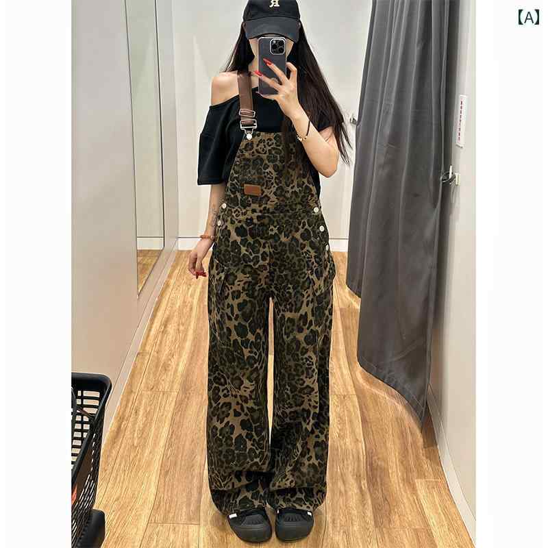 デニム　ジーンズ　おしゃれ Li 衣類 マルチ ポケット ヒョウ 柄 デニムオーバーオール 女性 24 秋 作業着 ワイド レッグ ジャンプスーツ