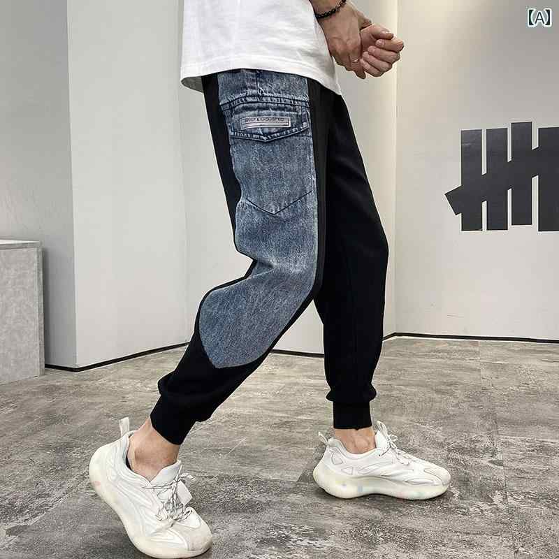 デニム　ジーンズ　おしゃれ パンツ メンズファッション 2025 春秋 スタイル カジュアル サイドストライプ スポーツ デニム スプライシング スウェットパンツ