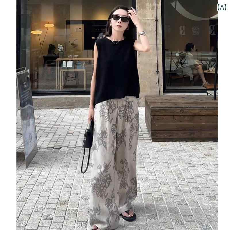 レディース　カジュアル　ファッション 女性用 サマー スーツ 2025 新 韓国 ファッション ノースリーブベスト Tシャツ ハイウエスト スリム ワイド レッグ プリント パンツ