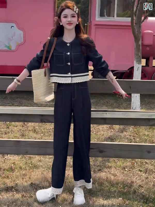 レディース　カジュアル　ファッション 小 レース デニムジャケット ワイド レッグ パンツ 婦人服 2025 春 個性的な 美しい カジュアル..