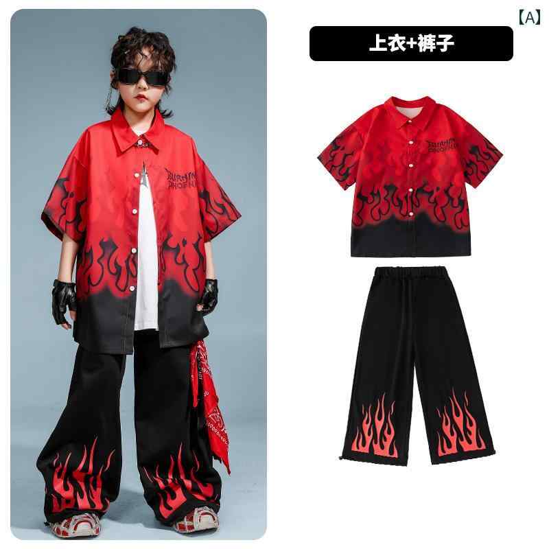 ストリート　子供　ダンス ストリート ダンス 子供用 服 ヒップ ホップ 半袖 黒と 赤の パフォーマンス ボーイ スーツ ガール クール 夏