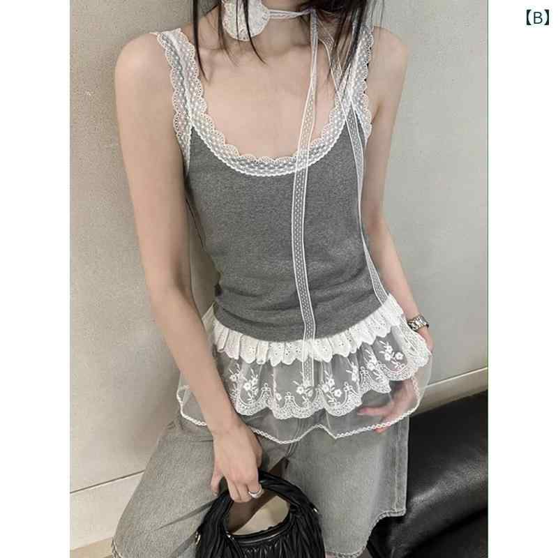 サイクリング　ビブ　メンズ 甘くて 年齢を 感じさせにくい レースの スプライシング キャミソール ベスト。 夏に アウターと して 着る 女性用。 ユニークで 美しい 小さい シャツ。 スパイシーな ノースリーブトップ。