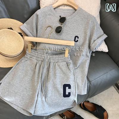 半袖 上下 レディース ホット カジュアル スポーツ スーツ レディース 夏 刺繍 半袖 Tシャツ ワイド レッグ ショーツ ツーピース
