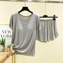 半袖 上下 レディース 夏用 女性用 胸 パッド 付き モダール パジャマ セット ノーブラ ホームウェア 外出 着と しても 着用 可能 半袖 ショート パン...