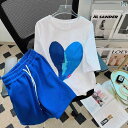 レディース 半袖 ショート 大きいサイズ 300 ジン 太 mm ブルー カジュアル スポーツ スーツ 女性 夏 2025 半袖 Tシャツ ショート パンツ ツ...