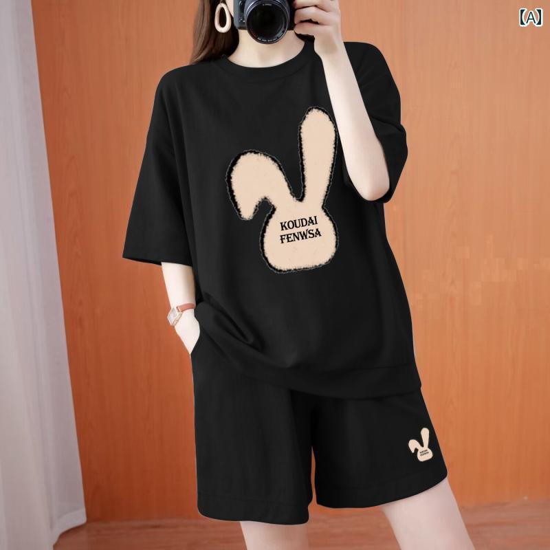 レディース　半袖　ショート 100 % コットン ファッション 大きめ サイズ カジュアル スポーツウェア 半袖 ショート パンツ スタイリッシュな ツーピース スーツ レディース 夏用