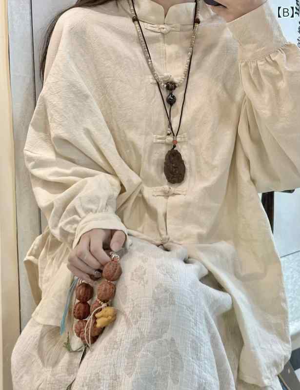 レディース　シャツ　カジュアル 中国 クールな 綿 リネンの ボタン ダウン シャツ レディース 春の バット スリーブ コート 長袖 トップ