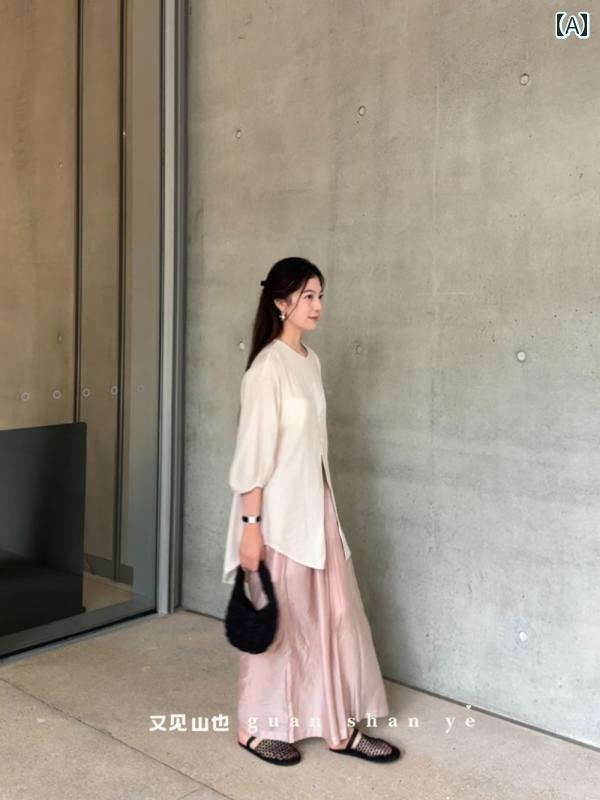 レディース　シャツ　カジュアル 関山も ピンクの リネン ワイド レッグ パンツ ゆったり 九分丈 レディース 夏 中国 瞑想服 カジュアル プチ 休暇