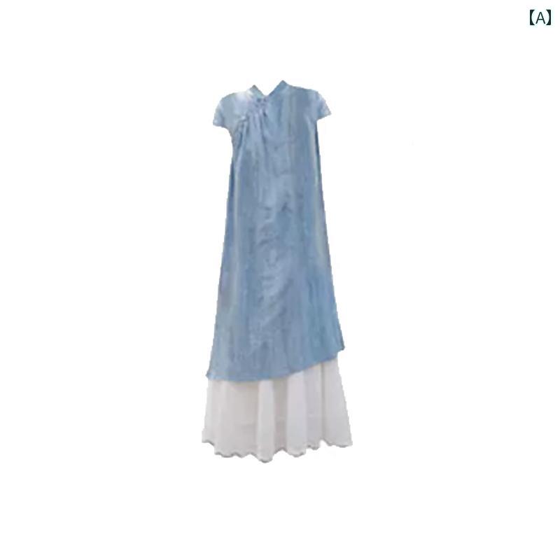 レディース　シャツ　カジュアル レディース チャイナ風 ブルー バックル フラッ グローブ ドレス 夏 ..