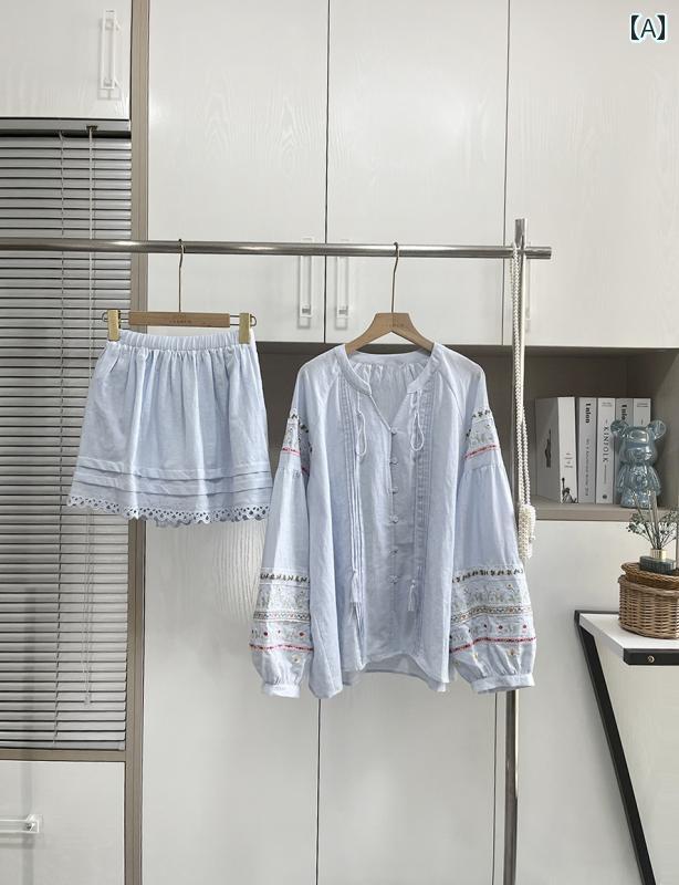 レディース　シャツ　カジュアル 重 労働 シミ ラン フラワー ボーダー リネン コットンフラワー 刺繍 ドール シャツ aライン スカート スーツ レディース