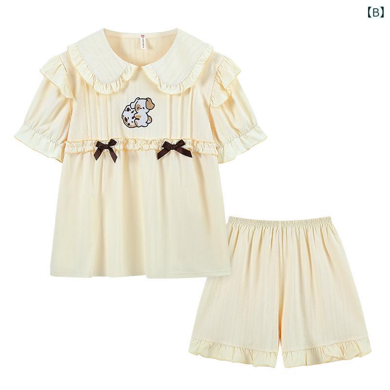 レディース　シャツ　カジュアル 女性用 綿 パジャマ 夏の スタイル かわいい チャイナ風 二 次元 ロリータ 小さい サイズ 着用 可能 ホーム 服 セット