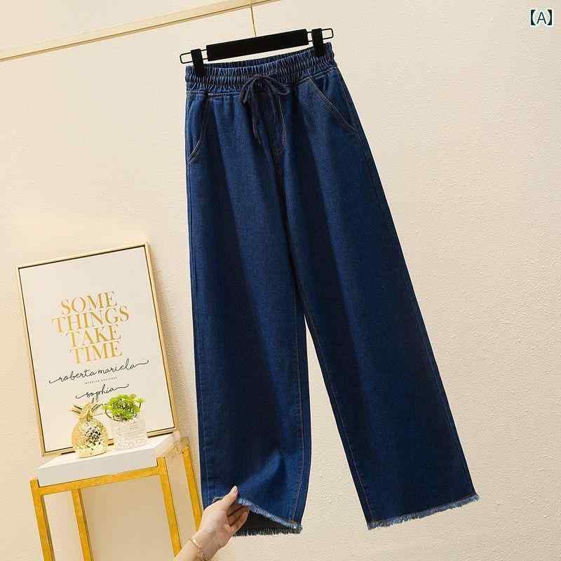 ストレート　生地　パンツ 芸術的な ドレープの 大きいサイズ 九分丈 パンツ 夏用 レディース ハイウエスト ドローストリング カジュアル デニム ワイド レッグ 伸縮性の ある ウエスト ロー エッジ