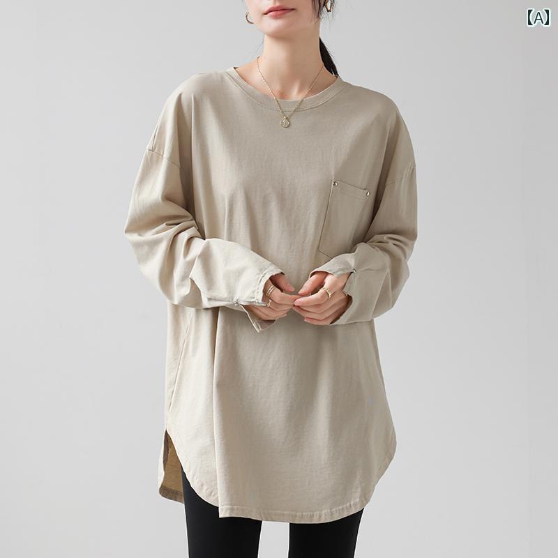 ストレート　生地　パンツ 2025 秋型 個性 裾 スリット ミドル 丈 Tシャツ レディース 長袖 ゆったり ヒップ カバー シャツ(4.0)