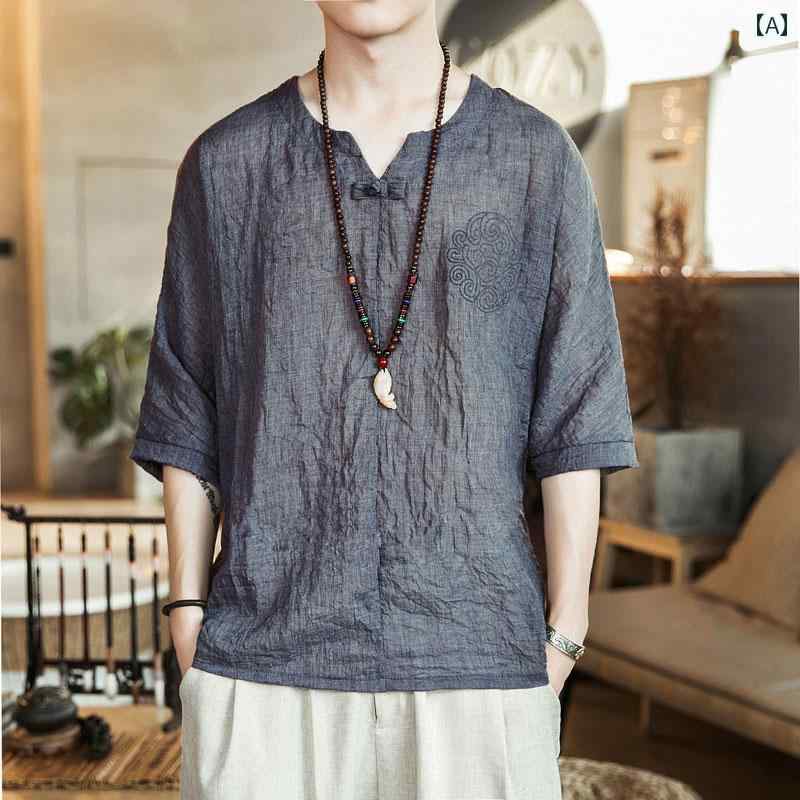 メンズ　カジュアル　ファッション リネン 半袖 Tシャツ メンズ 2025 夏 チャイナ風 漢服 服 冷感 コッ..