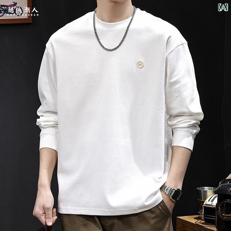 メンズ　アジアン　ファッション 長袖 Tシャツ メンズ 2025 スタイル ホワイト 万能 インナーウェア ベ..