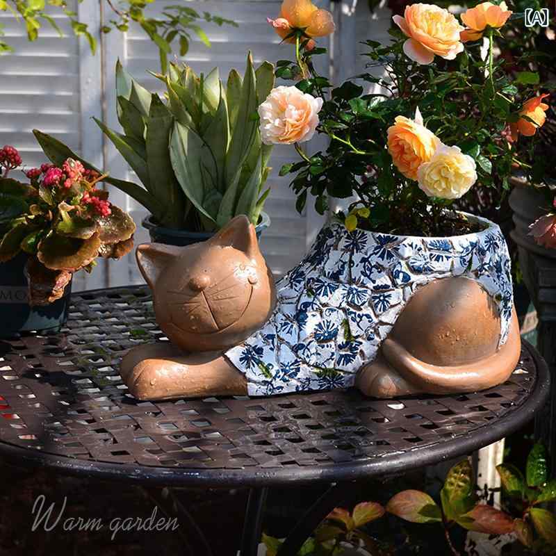 庭　装飾　飾り　 中庭の 創造的な 子猫の 形の 装飾品 青と 白の パターンの 植木鉢 バルコニーガーデ..