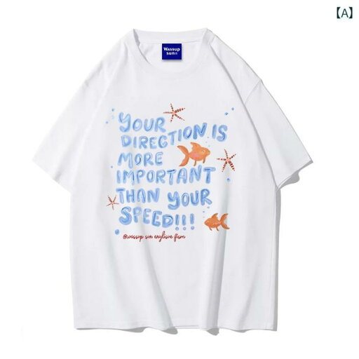 カップル ユニセックス ウェア WASSUP SUN アメリカン 楽しい 金魚 プリント ラウンドネック 半袖 Tシャツ 男女兼用 2025夏 カップル ユニセックス ウェア WASSUP SUN アメリカン 楽しい 金魚 プリント ラウンドネック 半袖 Tシャツ 男女兼用 2025夏