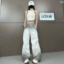 ワイド カーゴ パンツ レディース 背の 高さ アメリカン ストリート ブラスト グラデーション タイ ダイ オーバー オール 春と 夏 薄手の ドローストリング カジュアル ストレート ワイド レッグ パンツ。